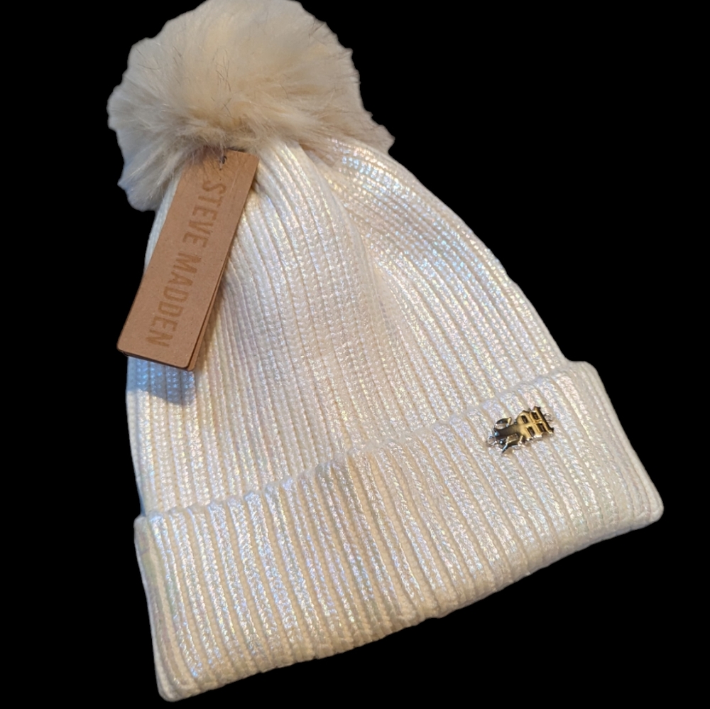 Steve Madden, ivory iridescent pom pom beanie